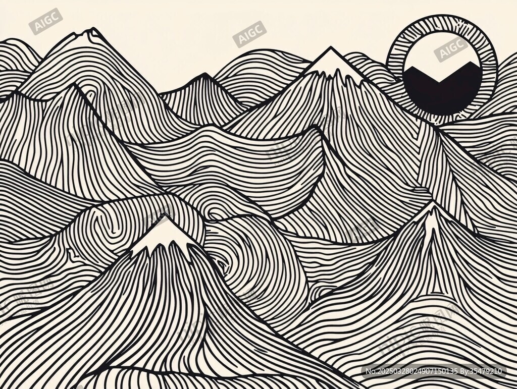 黑白線條勾勒的山巒圖景