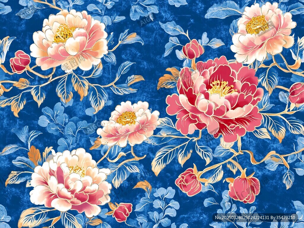 藍色底繁花錦簇花卉圖案