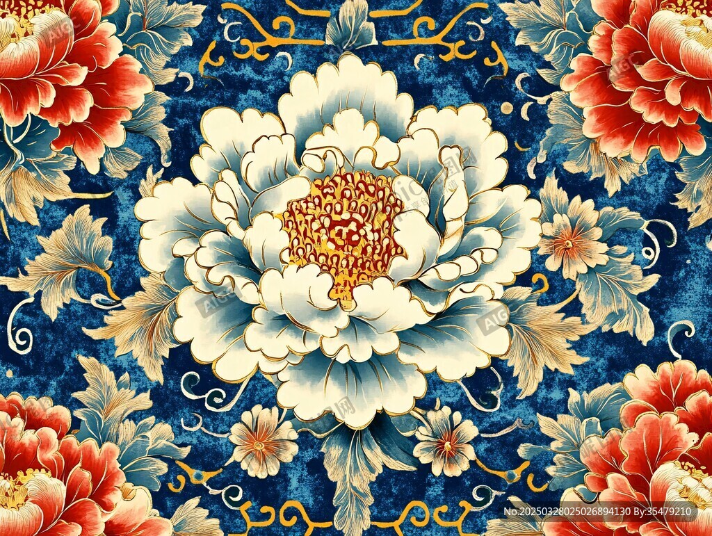 中式牡丹藍底華麗花紋圖案