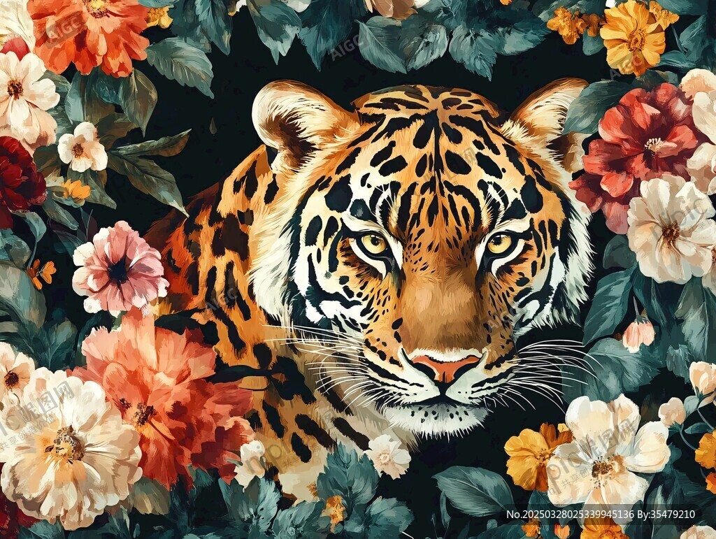 花叢中的斑斕猛虎
