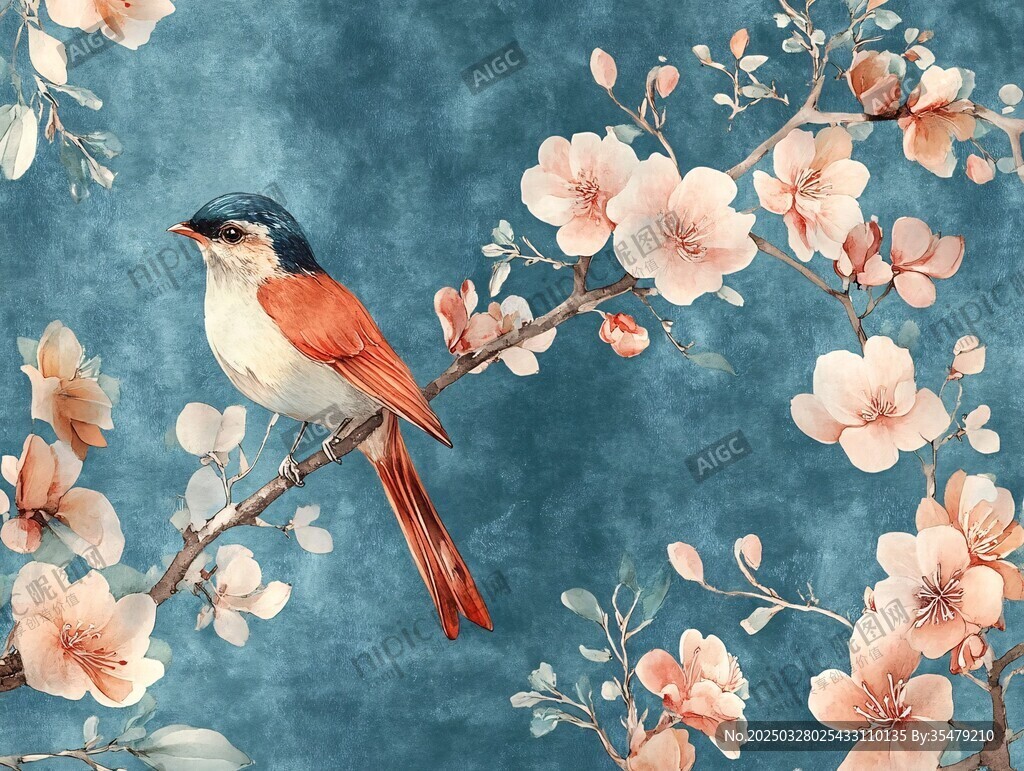枝頭鳥棲繁花間