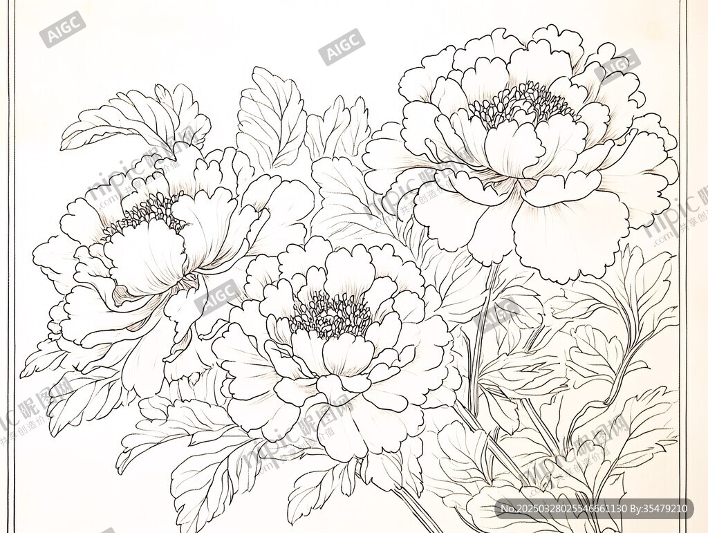 白描牡丹花卉圖案