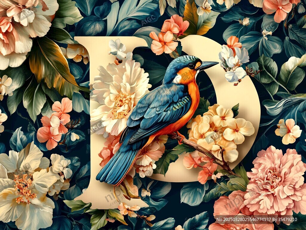 字母D旁的花鳥奇幻圖景