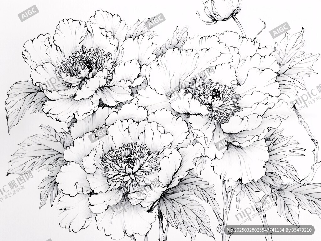 黑白牡丹線描花卉圖