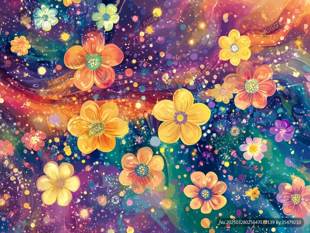 夢幻絢麗花卉星空背景圖
