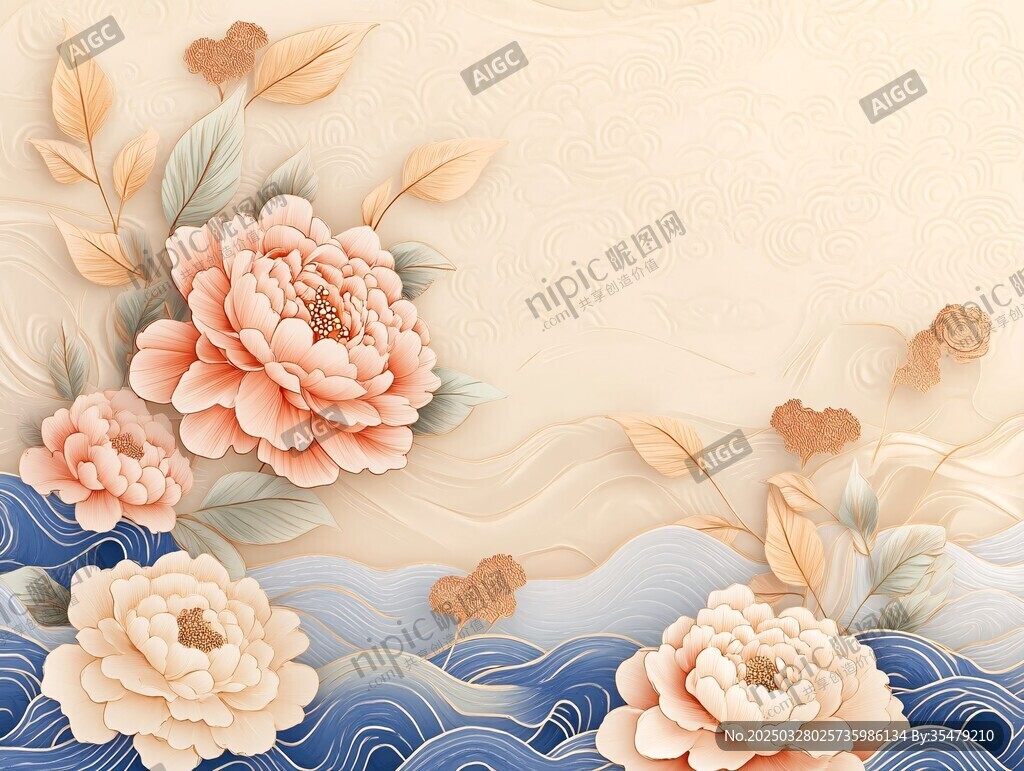 國風牡丹海浪唯美背景圖