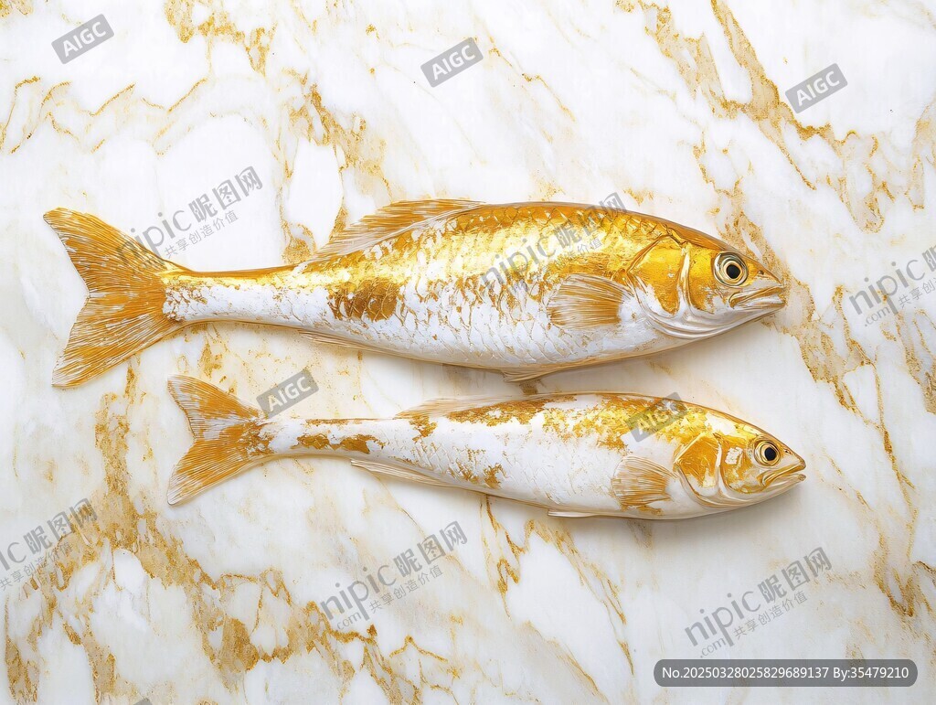 大理石上的兩條金紋小魚