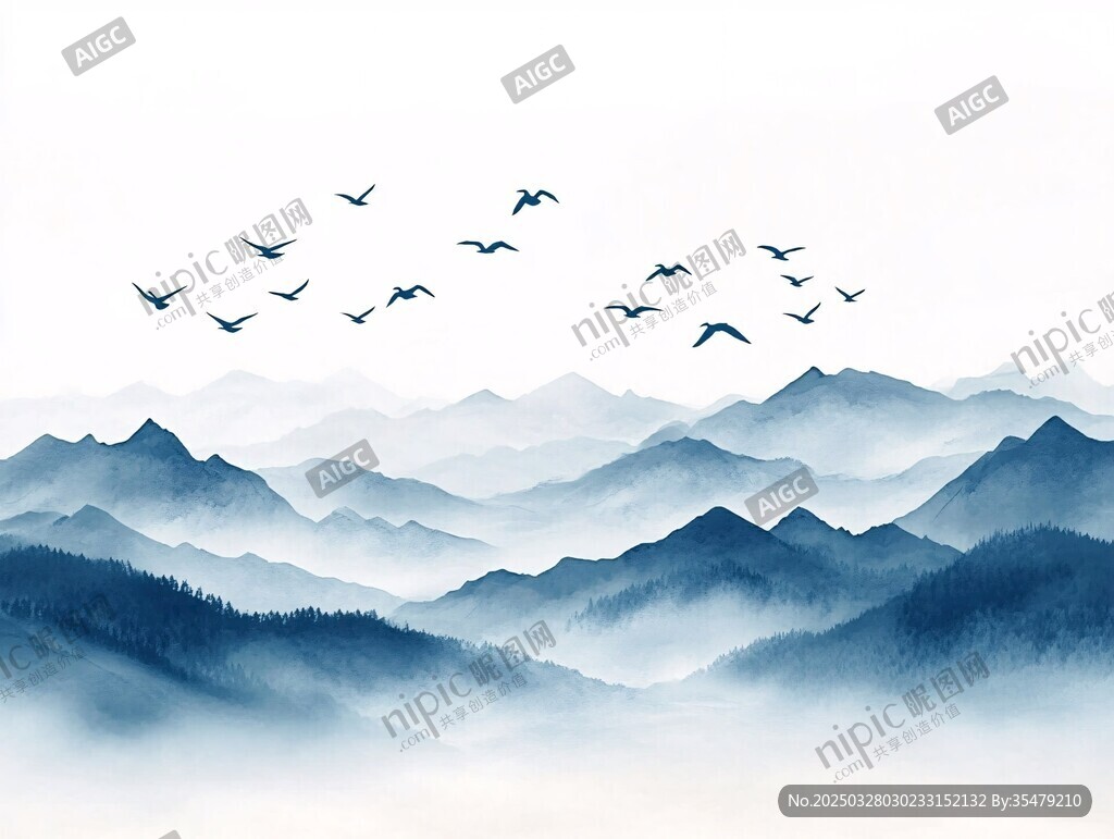 群鳥翱翔于水墨山巒間