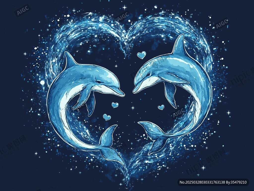 心形海豚浪漫海洋插畫