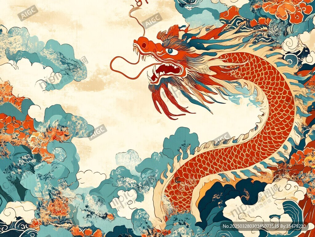 祥龍遨游于云海繁花間