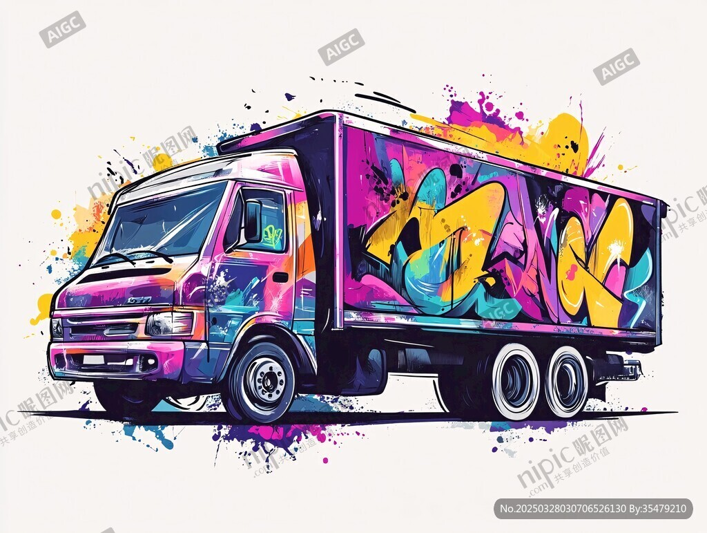 彩色涂鴉貨車藝術插畫