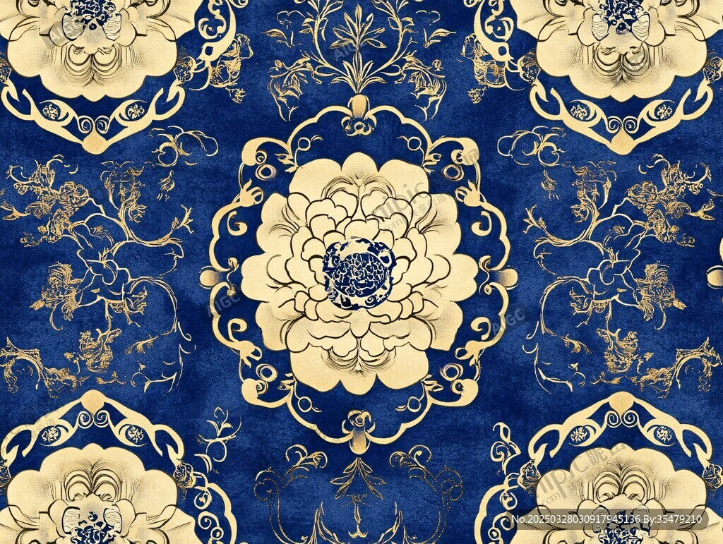 藍(lán)底金花中式傳統(tǒng)花紋圖案