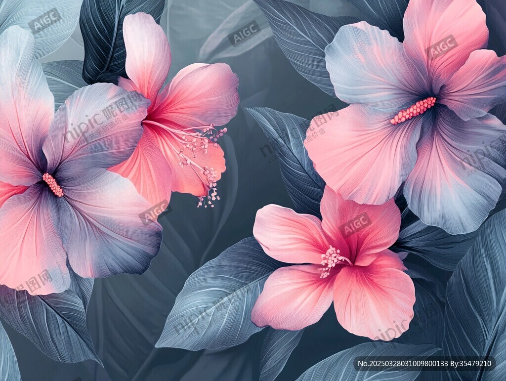 夢幻漸變木槿花花卉插畫