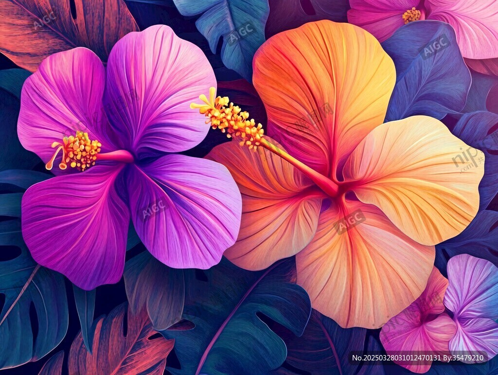絢麗多彩的芙蓉花插畫
