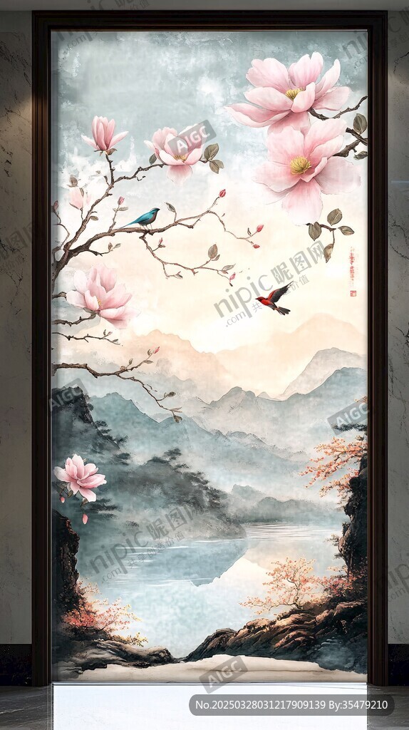 中式花鳥(niǎo)山水唯美壁畫(huà)