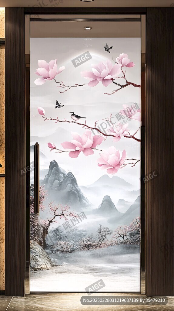 中式玉蘭花鳥山水門畫