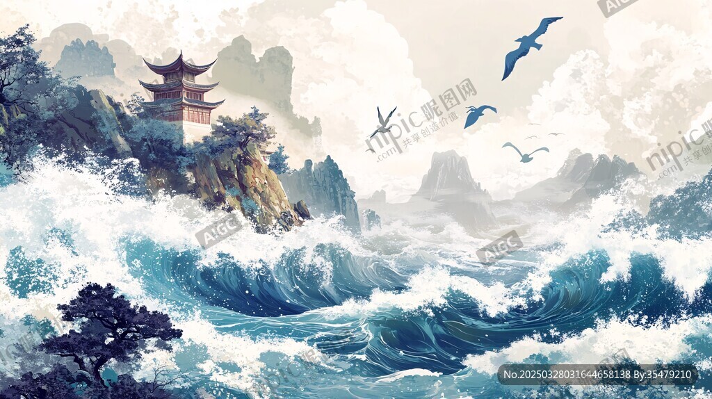 海浪拍岸 古亭飛鳥山水景