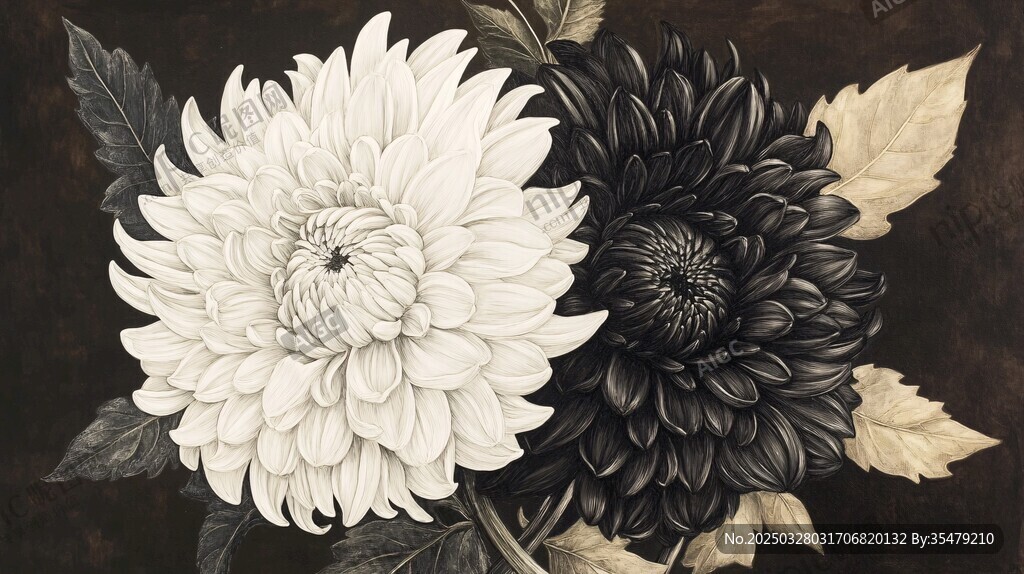 黑白雙色菊花藝術(shù)插畫