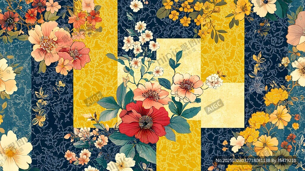 復(fù)古花卉幾何拼接圖案