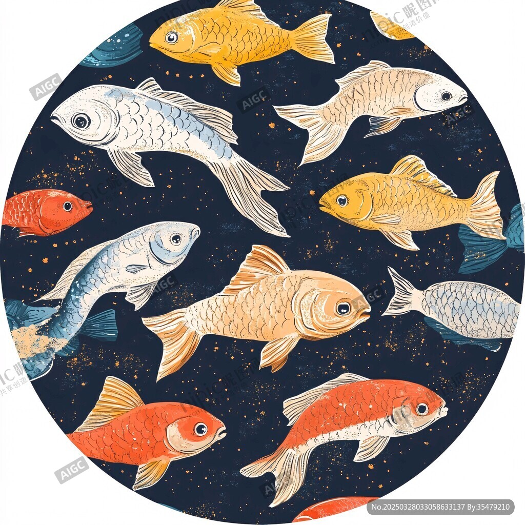 圓形畫面中游動的多彩金魚