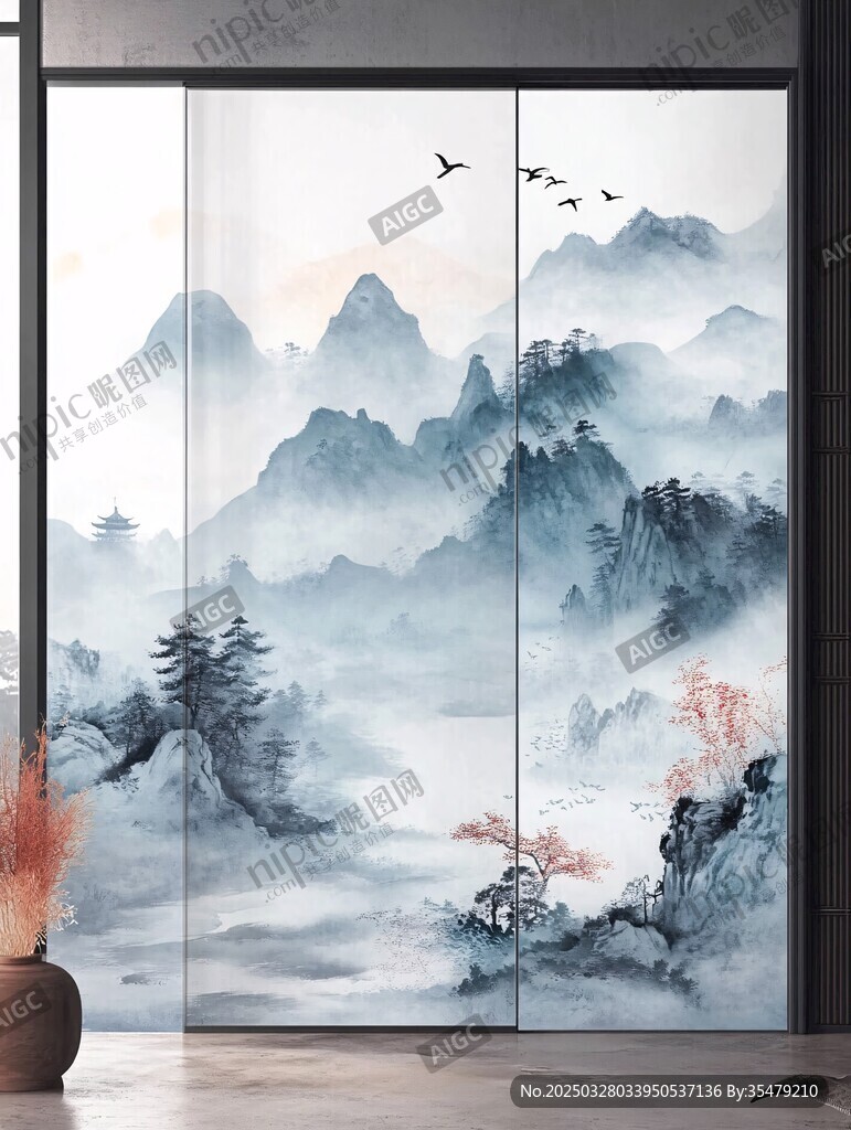 中式山水移門藝術畫卷