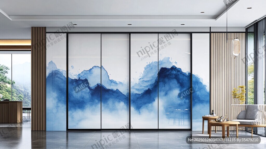 中式水墨山水風(fēng)客廳移門