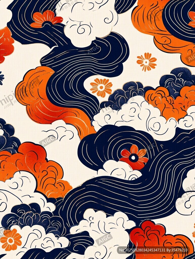 日式海浪花卉圖案紋樣