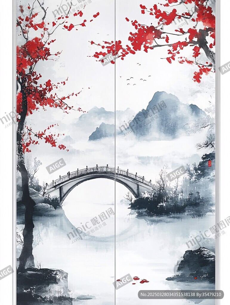 中式水墨山水紅葉橋景圖
