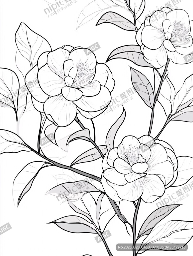 山茶花線稿插畫花卉圖案