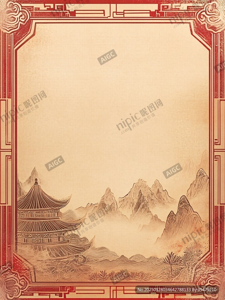 中式古風邊框山水樓閣圖