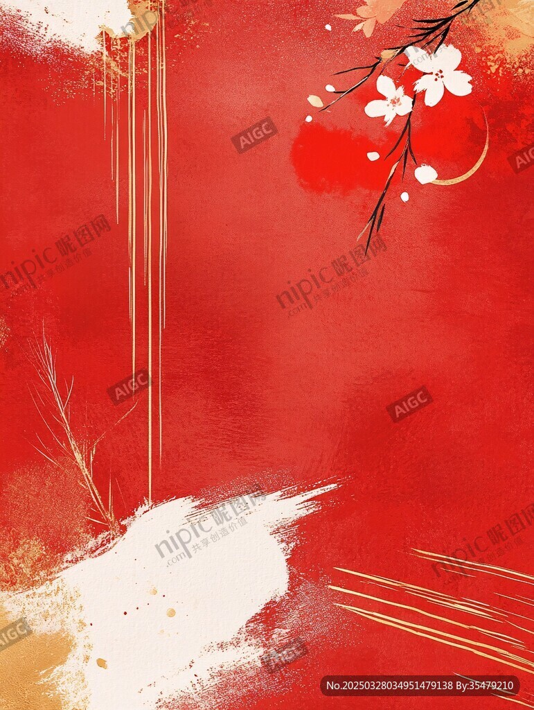 中式紅韻水墨花卉背景圖