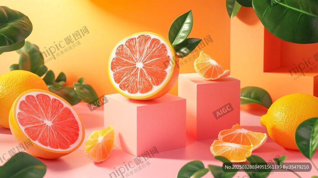 多彩柑橘擺放在粉色幾何臺(tái)上