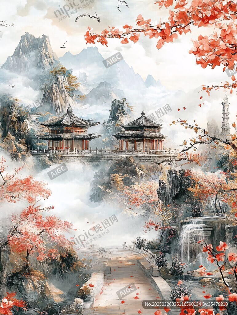 秋日山水古韻樓閣圖