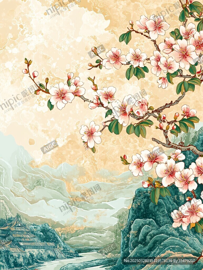 春日繁花映山水美景