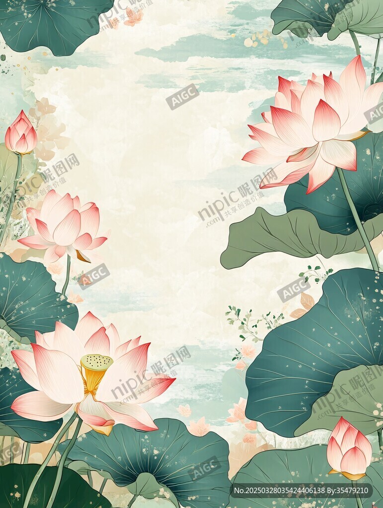 夏日荷塘荷花插畫美景