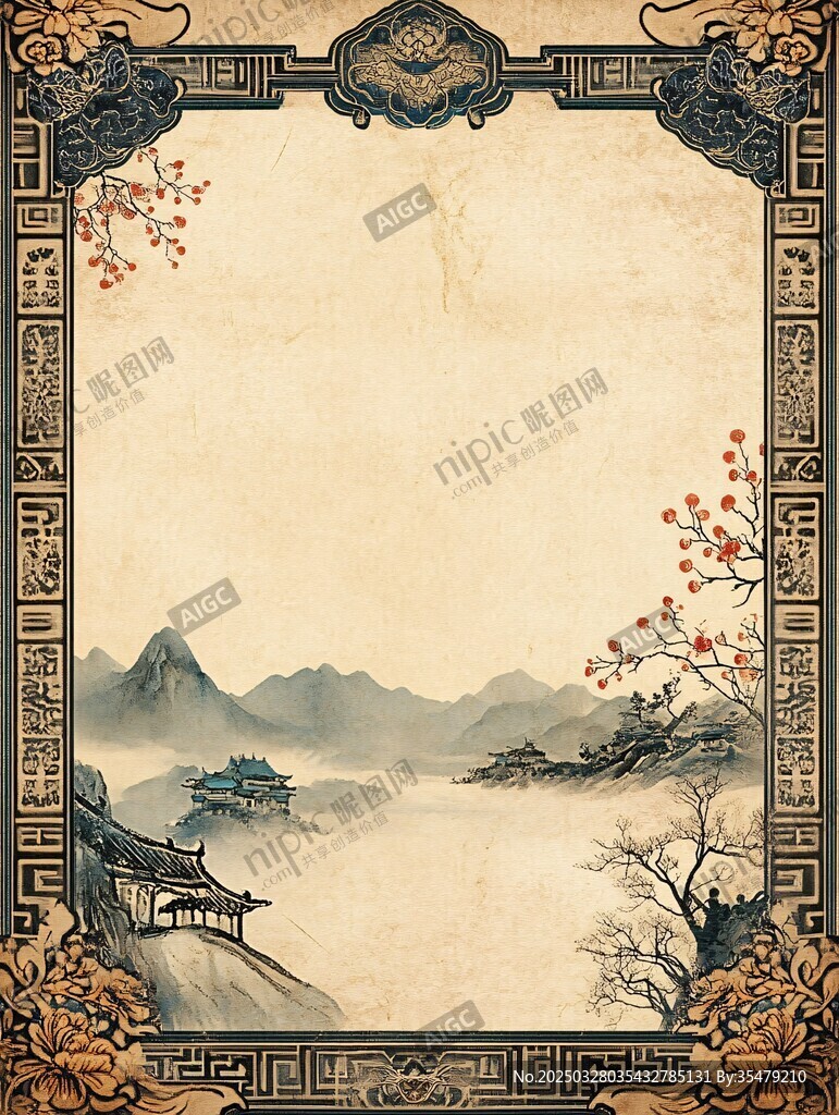 中式古典山水邊框背景圖