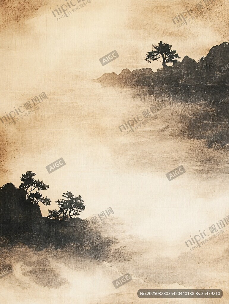 水墨山水間的孤松意境
