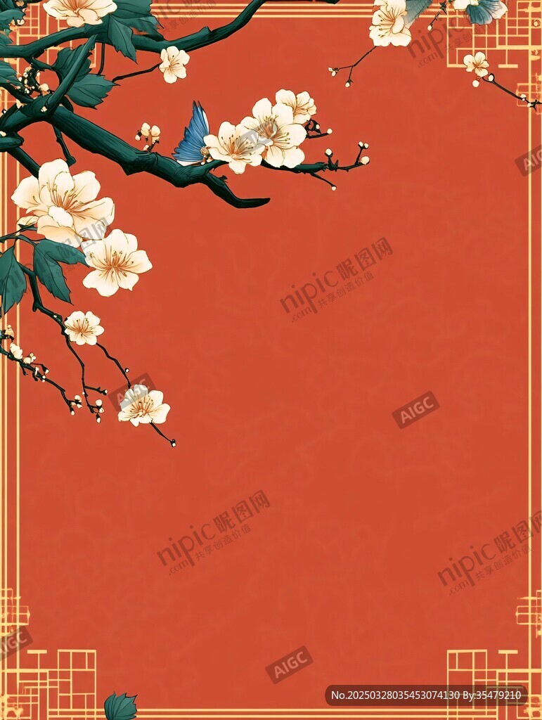 中式紅梅圖 雅致花鳥(niǎo)背景
