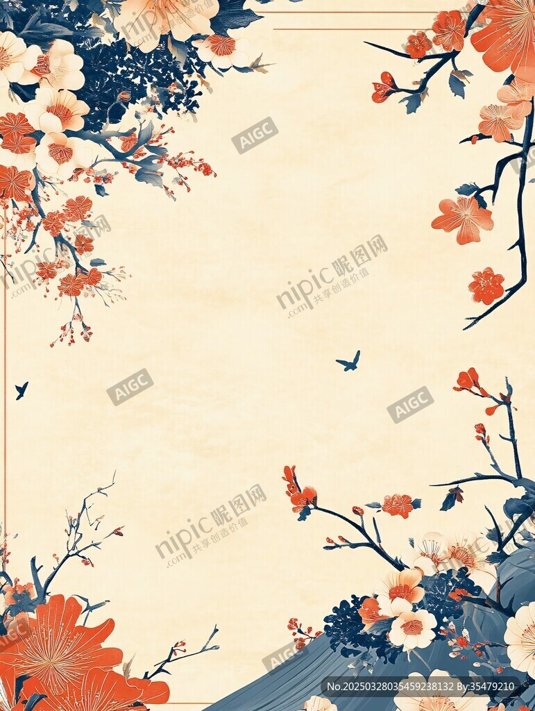 中式花卉古風邊框背景圖