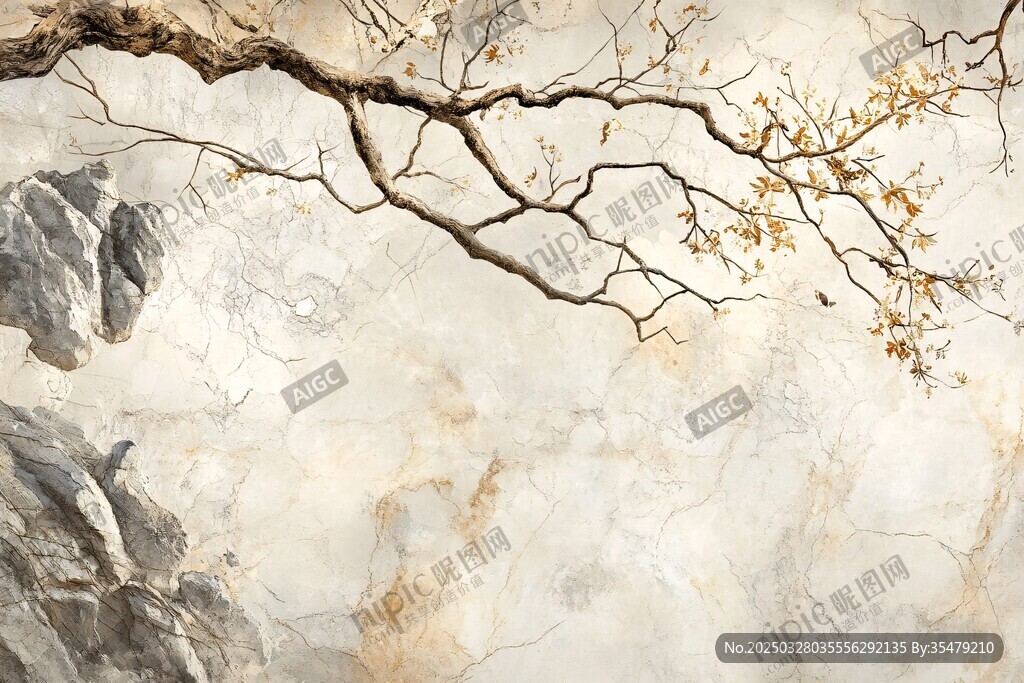 水墨風樹枝巖石背景圖