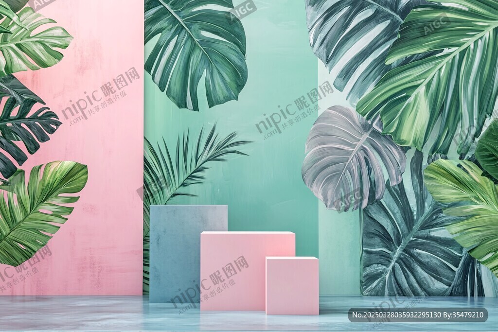清新綠植背景的展示臺