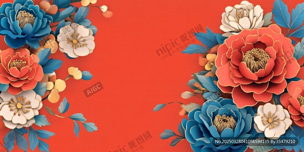 中式繁花喜慶紅底插畫