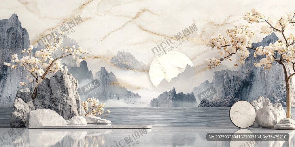 中式山水意境大理石背景墻
