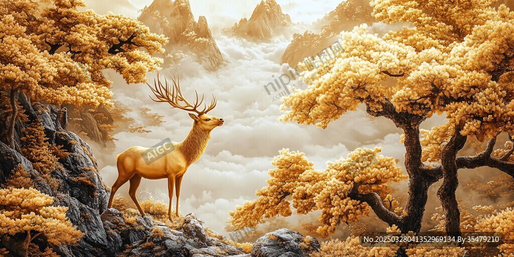 金色山林間的優(yōu)雅雄鹿
