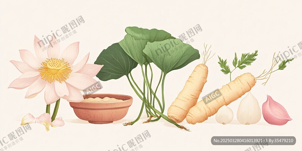 荷花與根莖類食材插畫