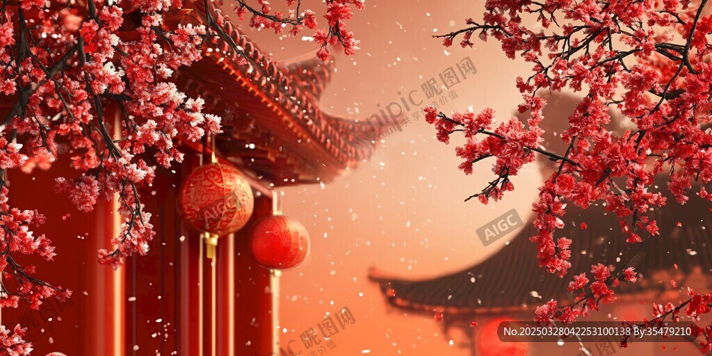 古風紅梅映紅墻燈籠景
