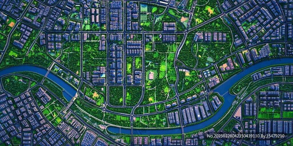 城市鳥瞰 綠水環繞的繁華圖景