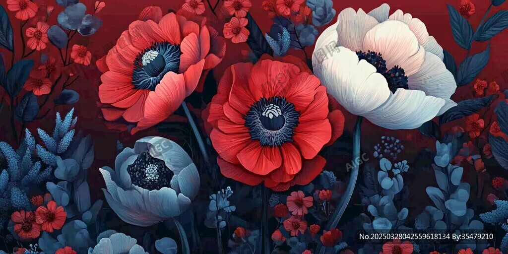 夢幻花卉圖 紅藍白花朵綻放