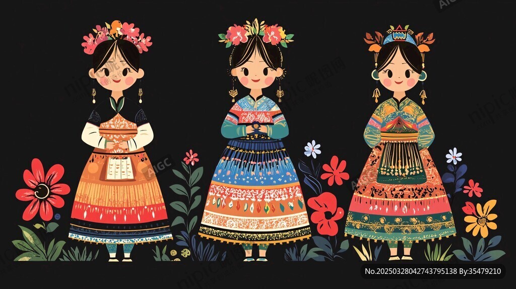 三個(gè)民族女孩的多彩服飾
