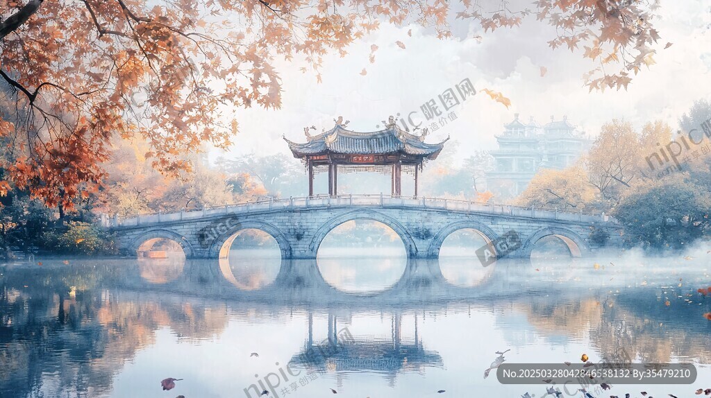 秋日古橋湖畔詩意景致